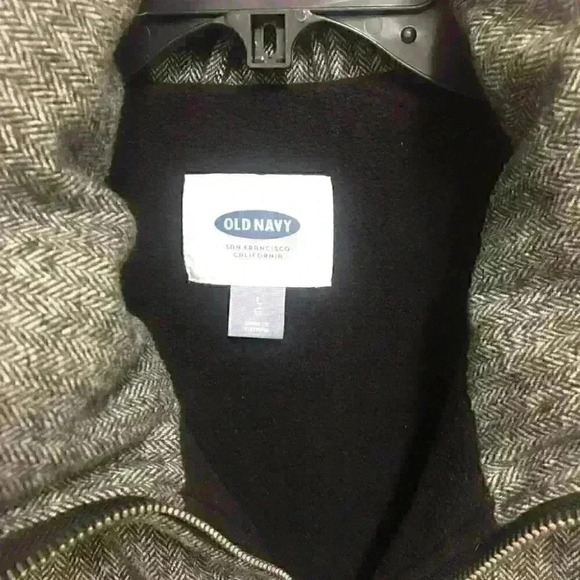 Old Navy Wool Blend Grey and Black Herringbone Zip Up Quilted Puffer Vest size L - Picture 2 of 7